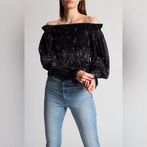 All Saints Black Smocked Off-Shoulder Blouse